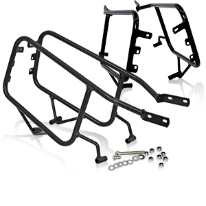 Portaequipajes negros de metal para motocicleta con piezas de fijación para maletas o bolsas.